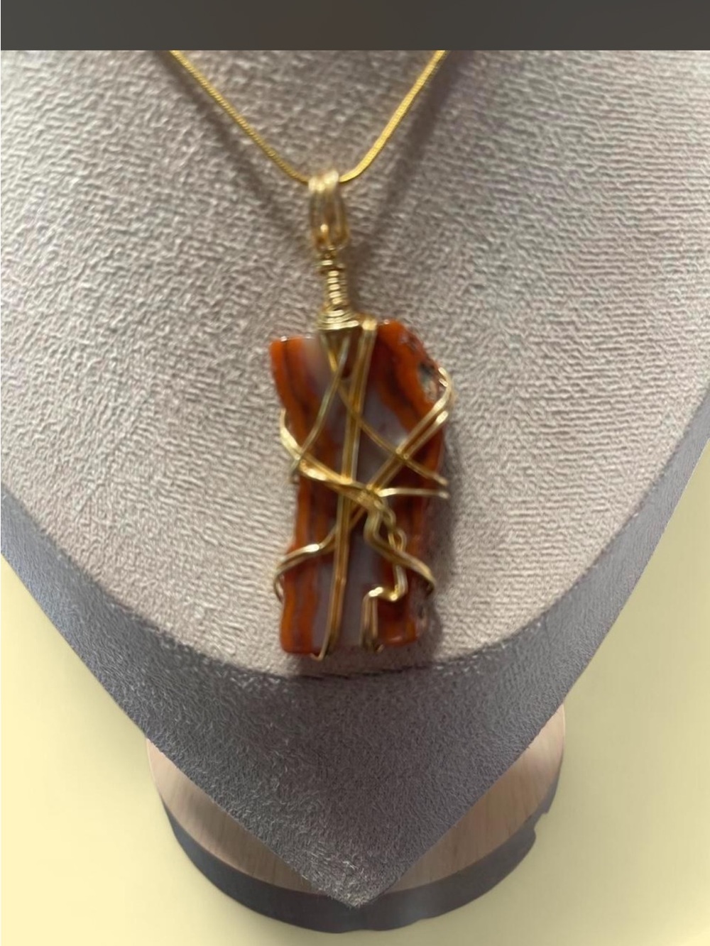 Gold Wire-Wrapped Carnelian Agate Pendant Necklace